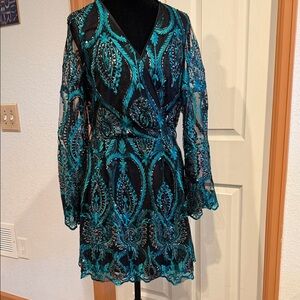 Elegant Teal and Black Lace Dress